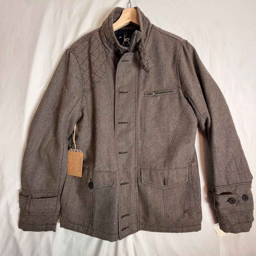 Kane & Unke Field Jacket Size M Brown Herringbone Wool Blend Quilted Shoulder